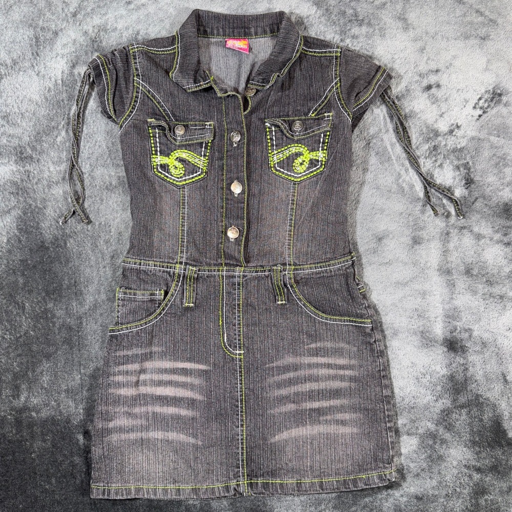 VTG Y2K Denim Mini Dress Dark Wash Lime Green Contrast Stitch‎ Size 7/8